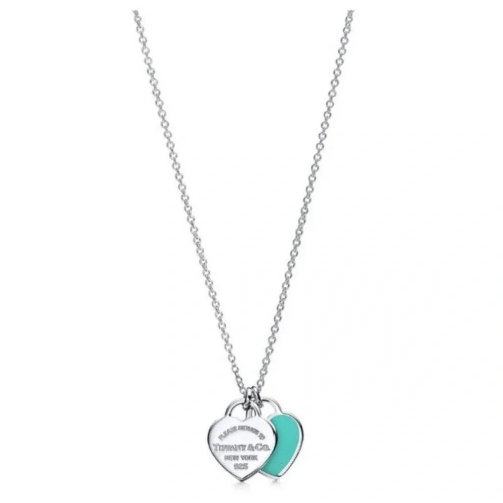 Tiffany & Co 💯% Auth 925 Silver Blue Mini Double Heart Necklace✨w/Pouch✨EUC✨